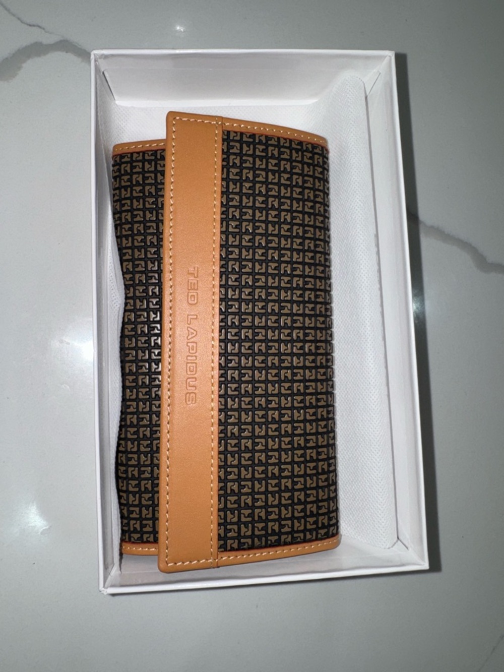 Ted Lapidus Women's Brown Patterned Clutch with Tan Trim